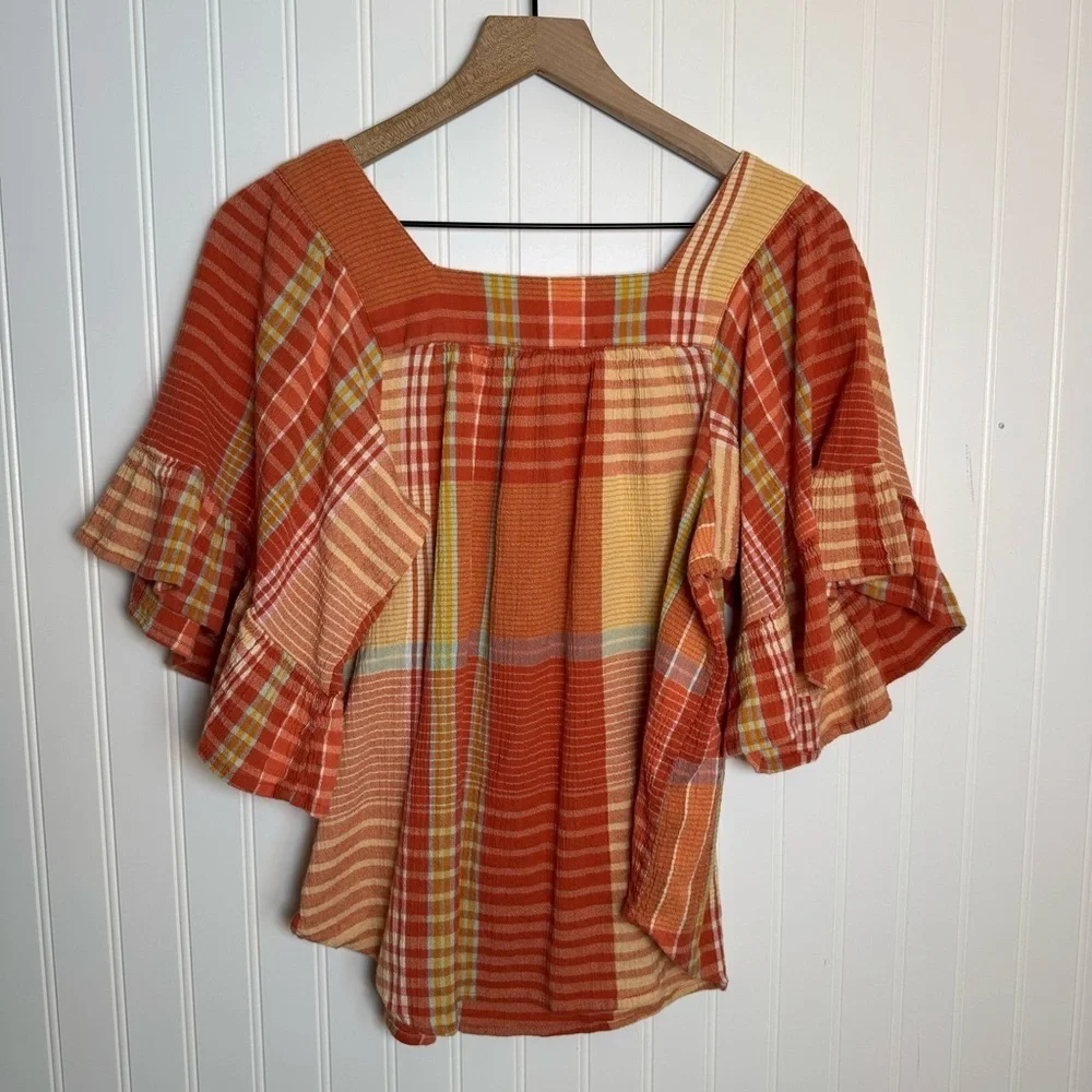 beachlunchlounge Naomi Orange Plaid Cotton Ruffle Blouse Women’s Size Large